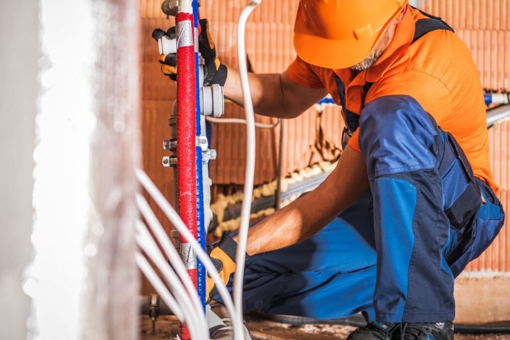 Plumber installs new pipes in preparation for the fixtures
