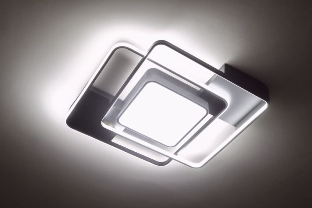 Ceiling lights cast even illumination in the bathroom