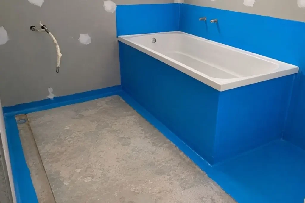waterproofing progress in bathroom
